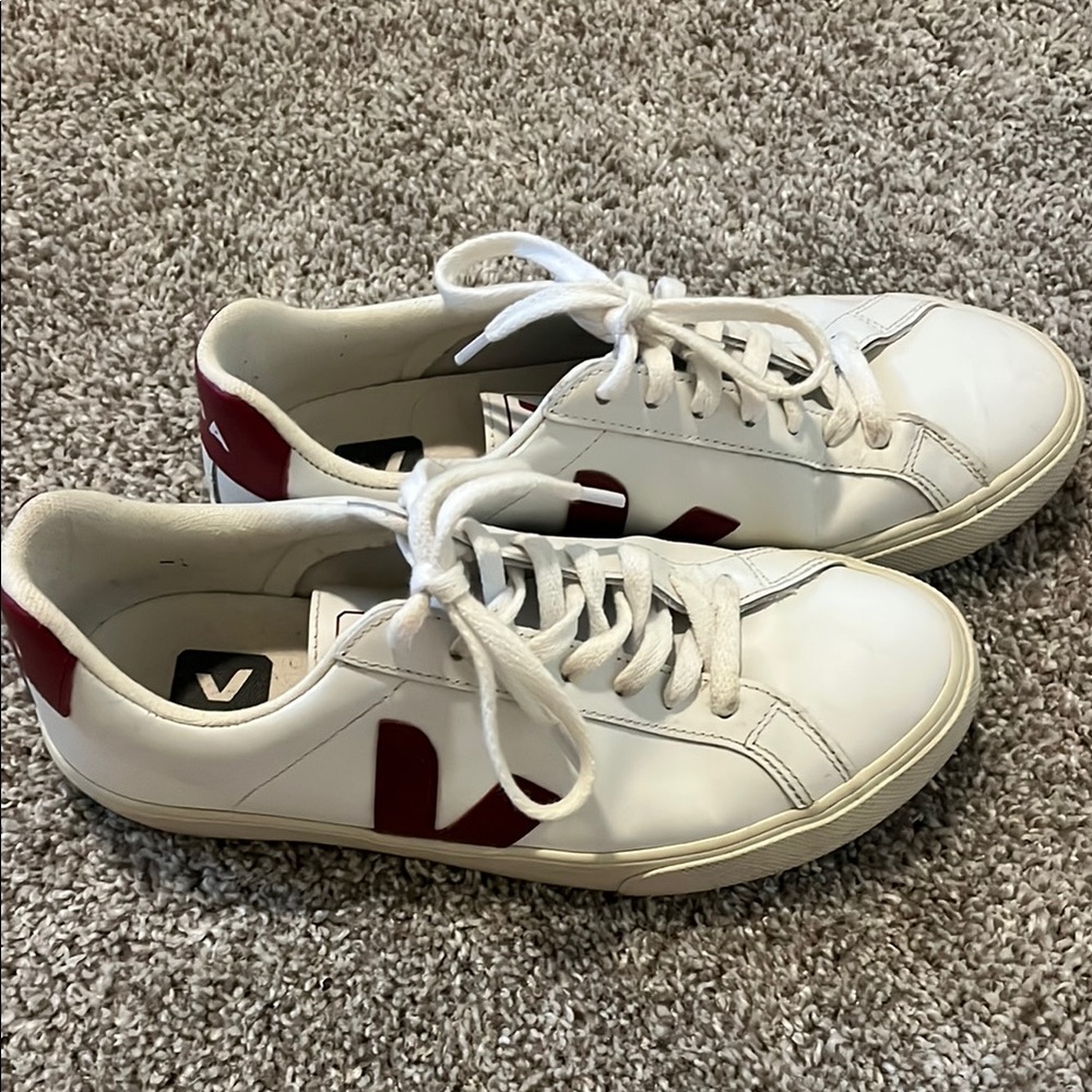 Veja Esplar White Leather Sneakers with Red Logo Heel | Women’s Size 7